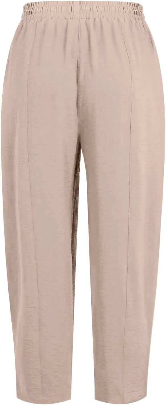 Linen Harem Pants Women Casual Summer High Waisted Beach Pants Baggy Lightweight Cropped Pant with Pockets