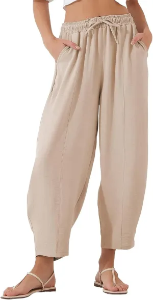 Linen Harem Pants Women Casual Summer High Waisted Beach Pants Baggy Lightweight Cropped Pant with Pockets