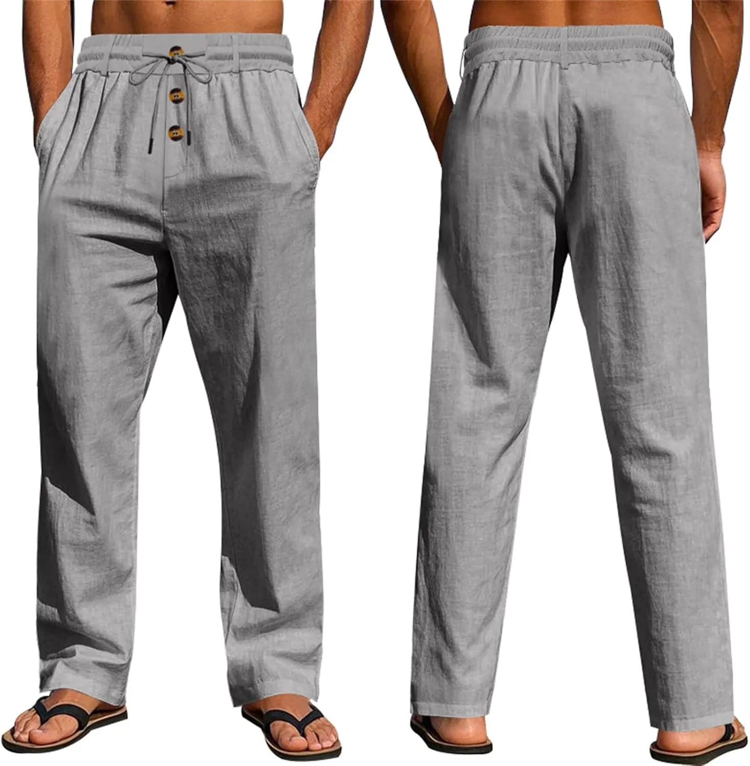 Linen Pants for Men Summer Lightweight Plain Casual Pants Beach Vacation Slacks Loose Fit Drawstring Waist Trousers