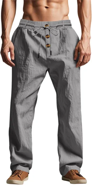 Linen Pants for Men Summer Lightweight Plain Casual Pants Beach Vacation Slacks Loose Fit Drawstring Waist Trousers