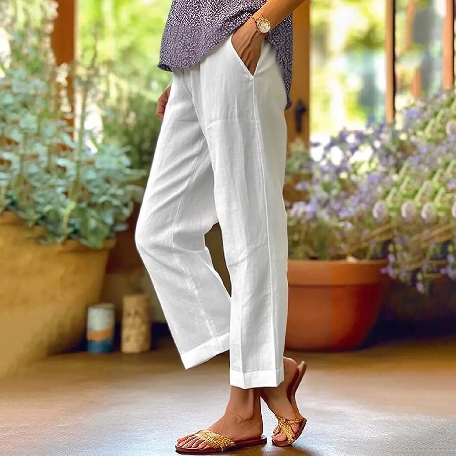 Linen Pants for Women 2025 Plus Size Trendy Solid Color Spring Summer Gauze Pants Elastic Waist Comfy Trousers