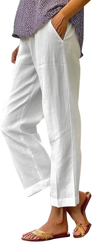 Linen Pants for Women 2025 Plus Size Trendy Solid Color Spring Summer Gauze Pants Elastic Waist Comfy Trousers