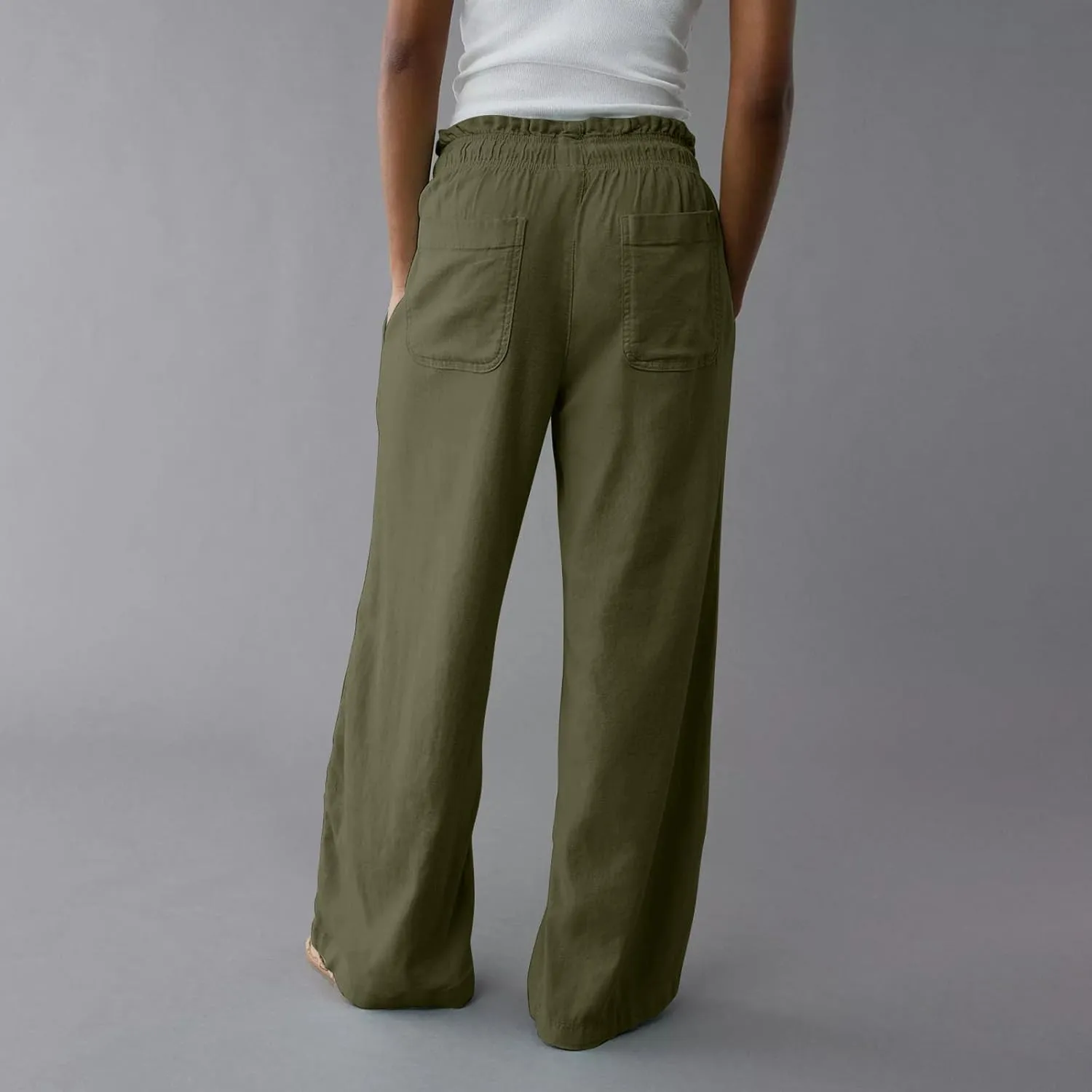 Linen Pants for Women 2025 Summer Drawstring Elastic Waist Casual Pants Straight Leg Comfy Beach Trousers with Pockets
