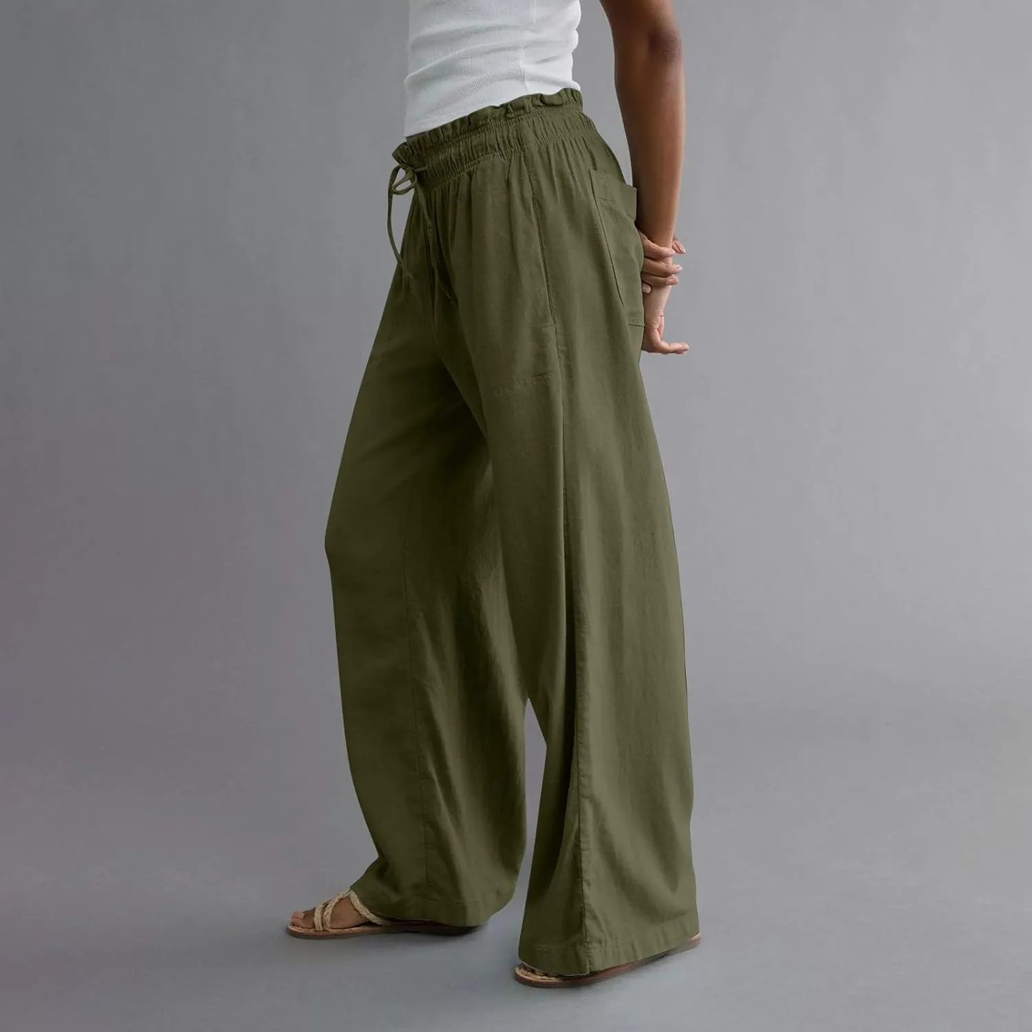 Linen Pants for Women 2025 Summer Drawstring Elastic Waist Casual Pants Straight Leg Comfy Beach Trousers with Pockets
