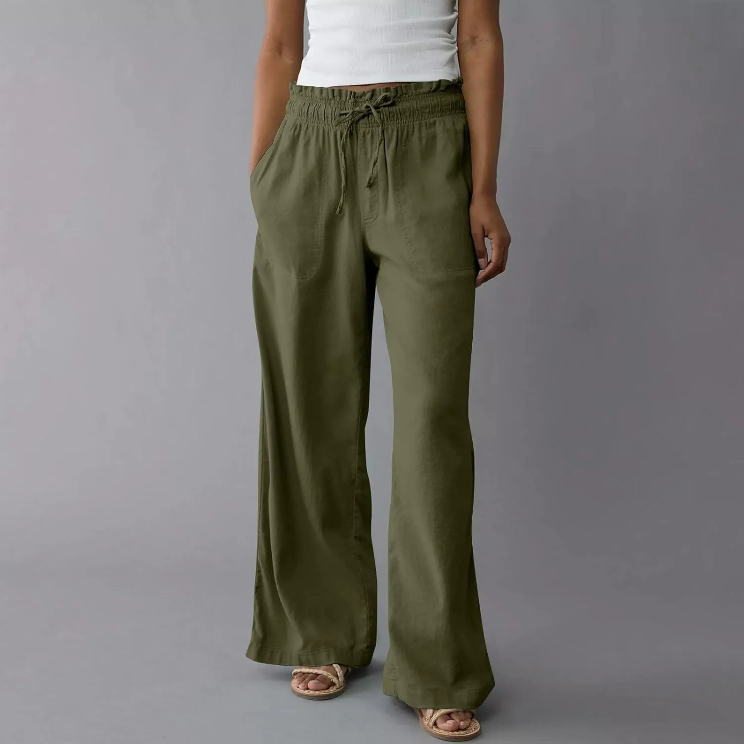 Linen Pants for Women 2025 Summer Drawstring Elastic Waist Casual Pants Straight Leg Comfy Beach Trousers with Pockets