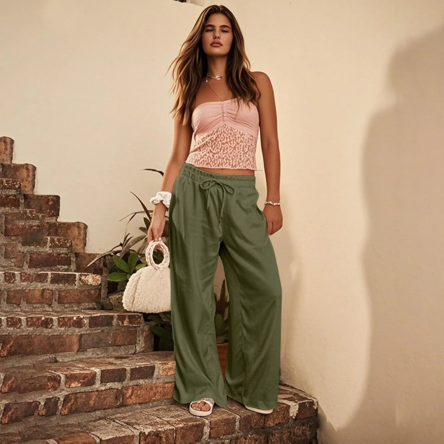 Linen Pants for Women 2025 Summer Drawstring Elastic Waist Casual Pants Straight Leg Comfy Beach Trousers with Pockets