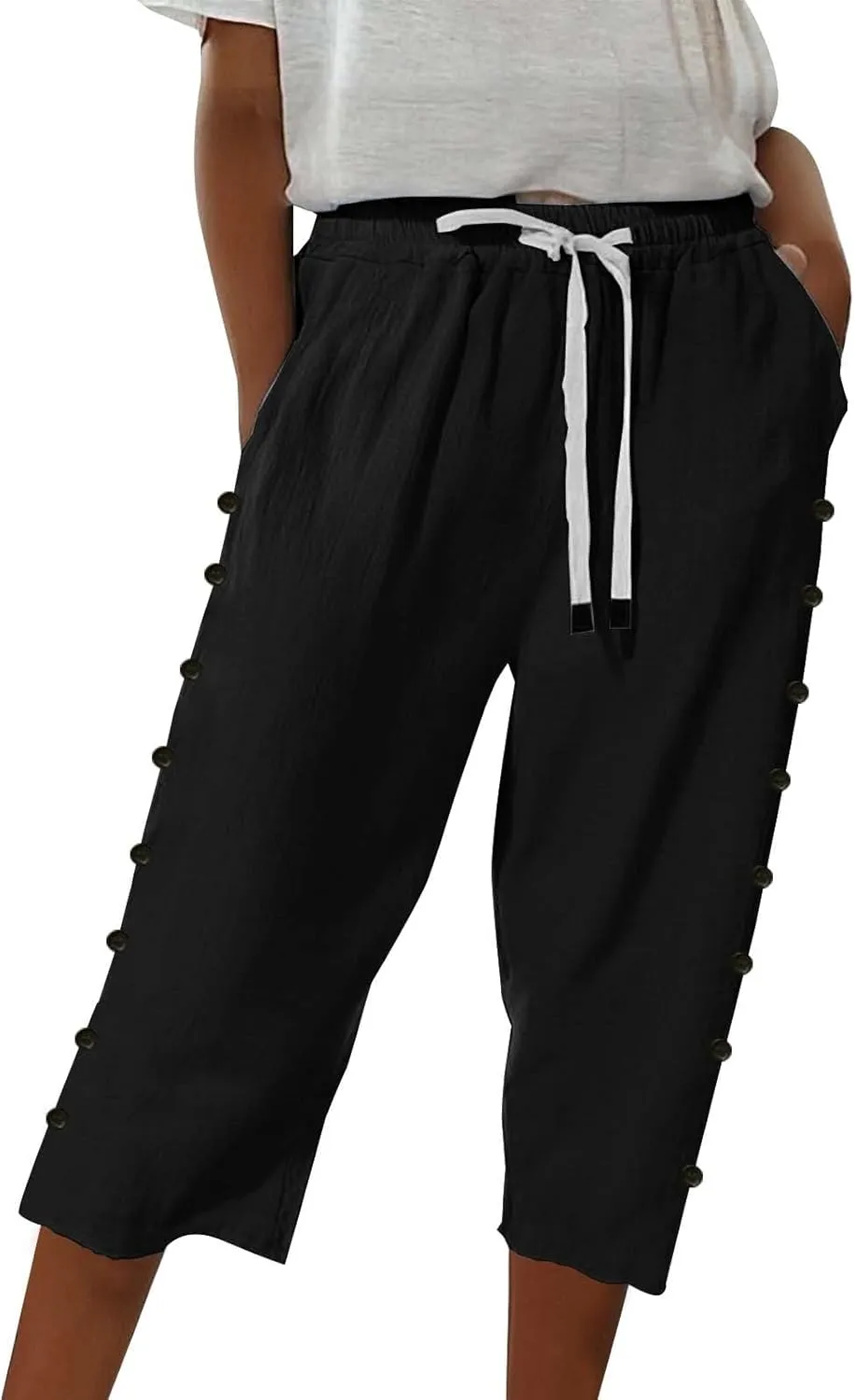 Linen Pants for Women 2025 Summer Lightweight Long Capris Vacation Beach Trousers Side-Buttoned Closure Joggers