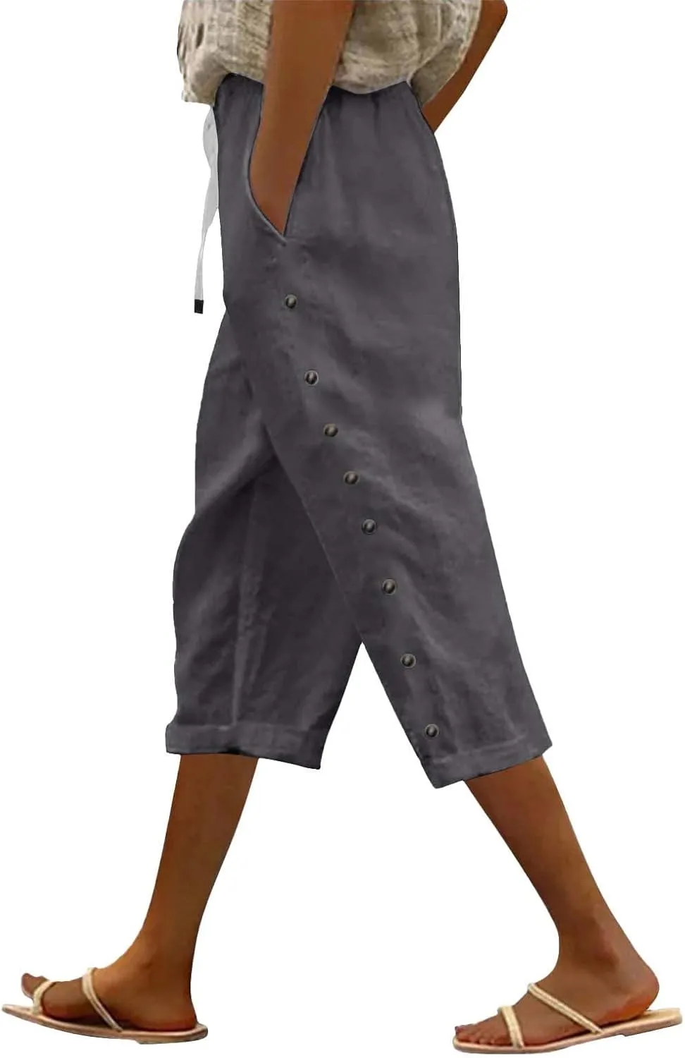 Linen Pants for Women 2025 Summer Lightweight Long Capris Vacation Beach Trousers Side-Buttoned Closure Joggers