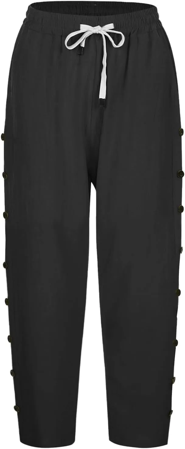 Linen Pants for Women 2025 Summer Lightweight Long Capris Vacation Beach Trousers Side-Buttoned Closure Joggers