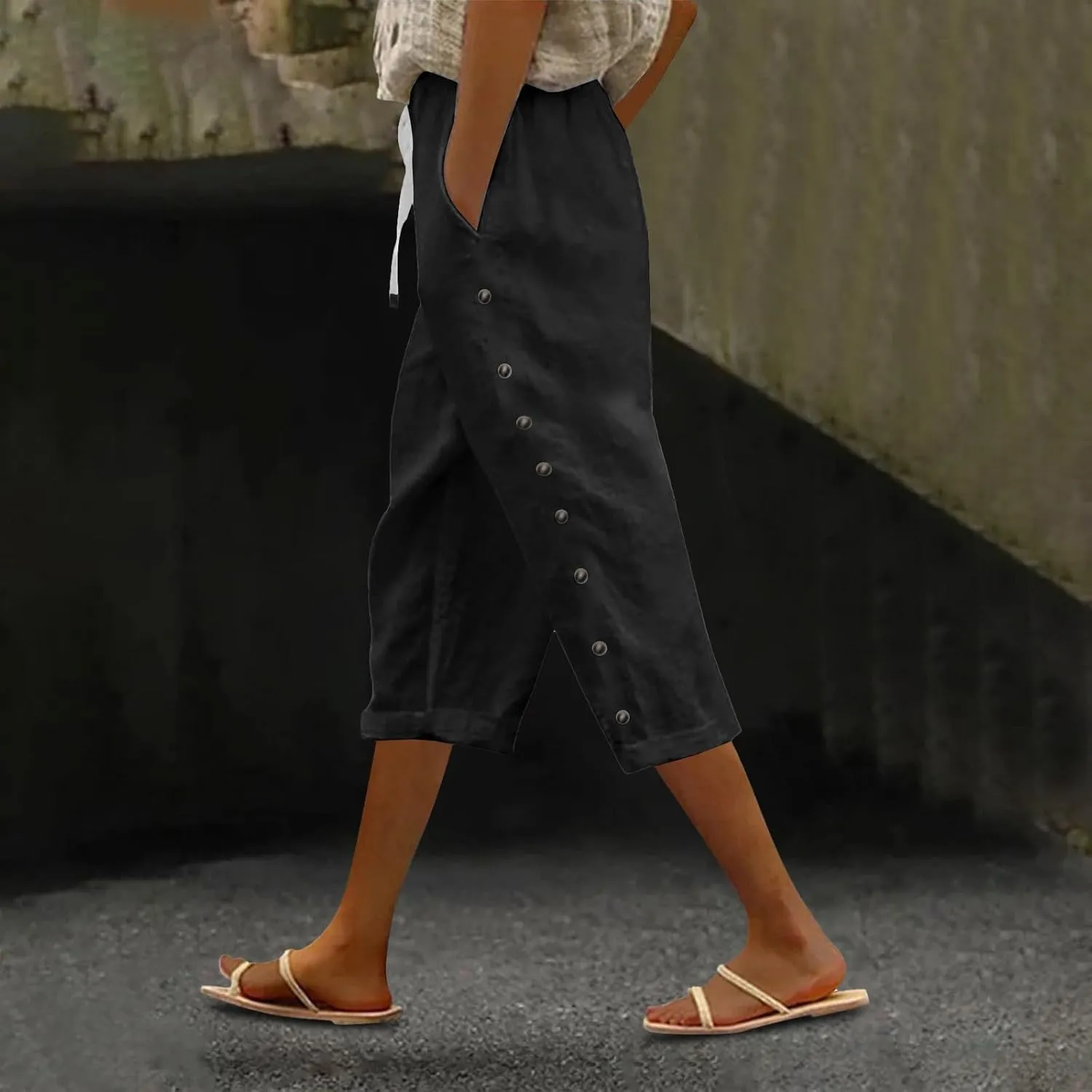 Linen Pants for Women 2025 Summer Lightweight Long Capris Vacation Beach Trousers Side-Buttoned Closure Joggers
