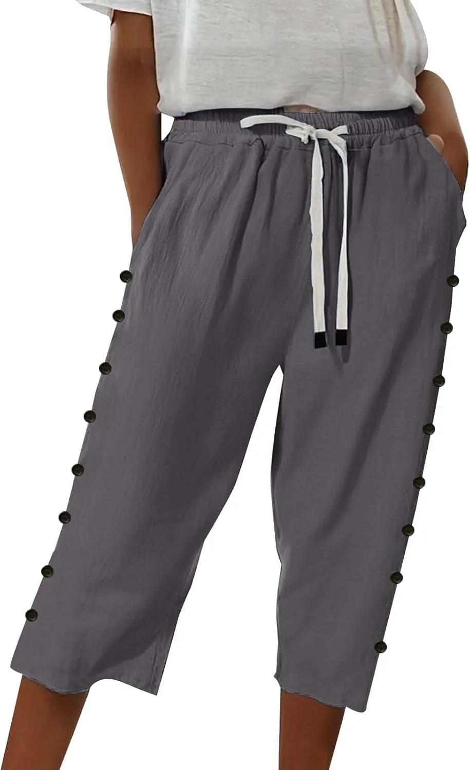 Linen Pants for Women 2025 Summer Lightweight Long Capris Vacation Beach Trousers Side-Buttoned Closure Joggers