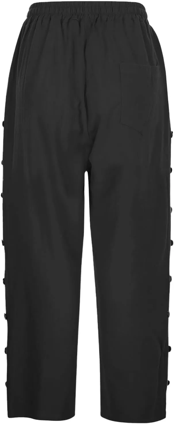 Linen Pants for Women 2025 Summer Lightweight Long Capris Vacation Beach Trousers Side-Buttoned Closure Joggers