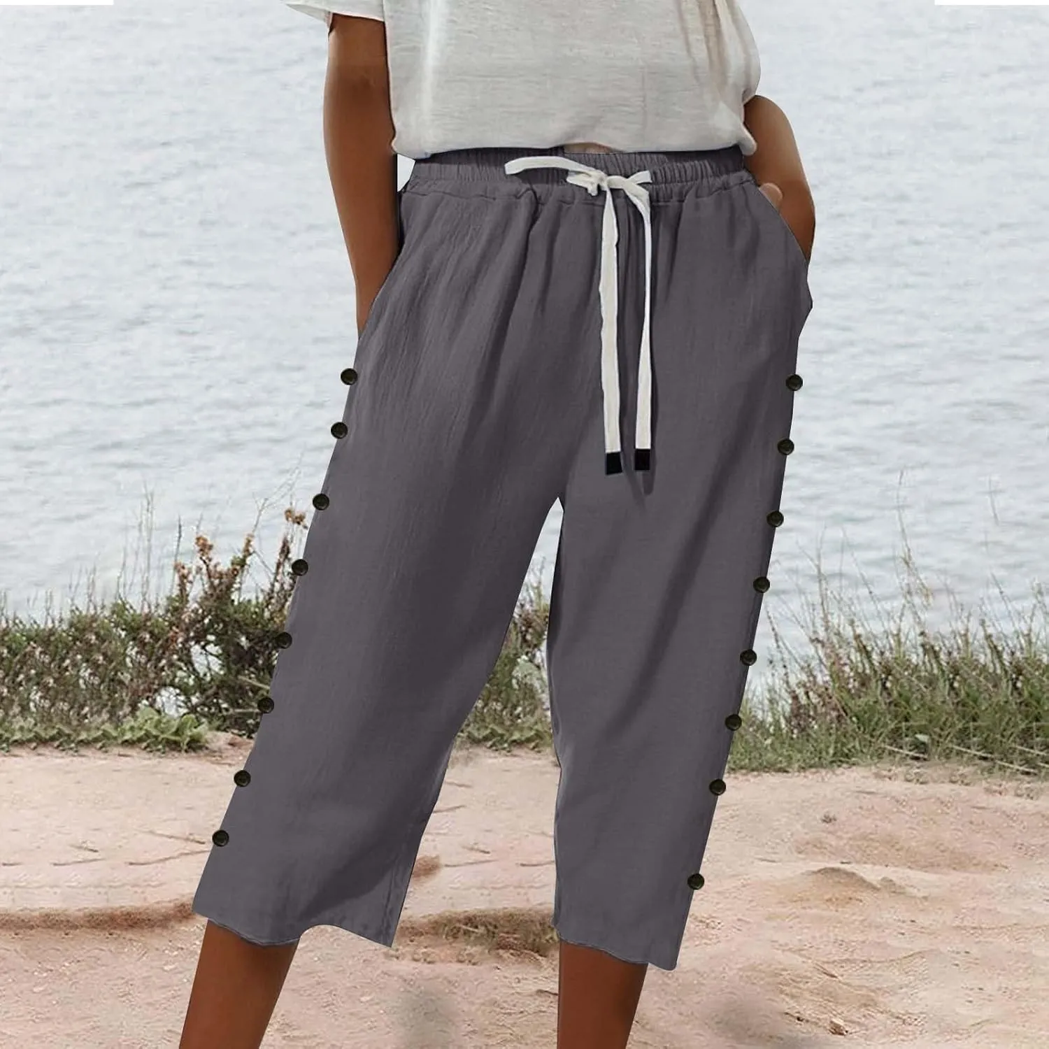 Linen Pants for Women 2025 Summer Lightweight Long Capris Vacation Beach Trousers Side-Buttoned Closure Joggers