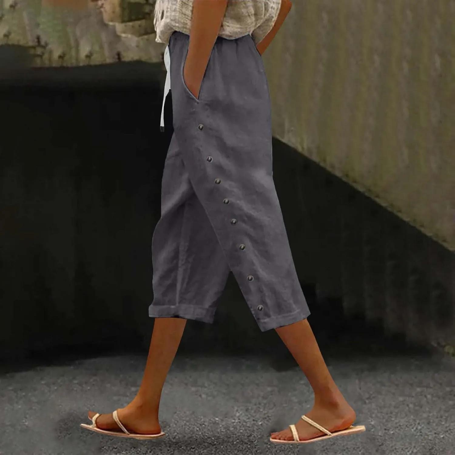 Linen Pants for Women 2025 Summer Lightweight Long Capris Vacation Beach Trousers Side-Buttoned Closure Joggers