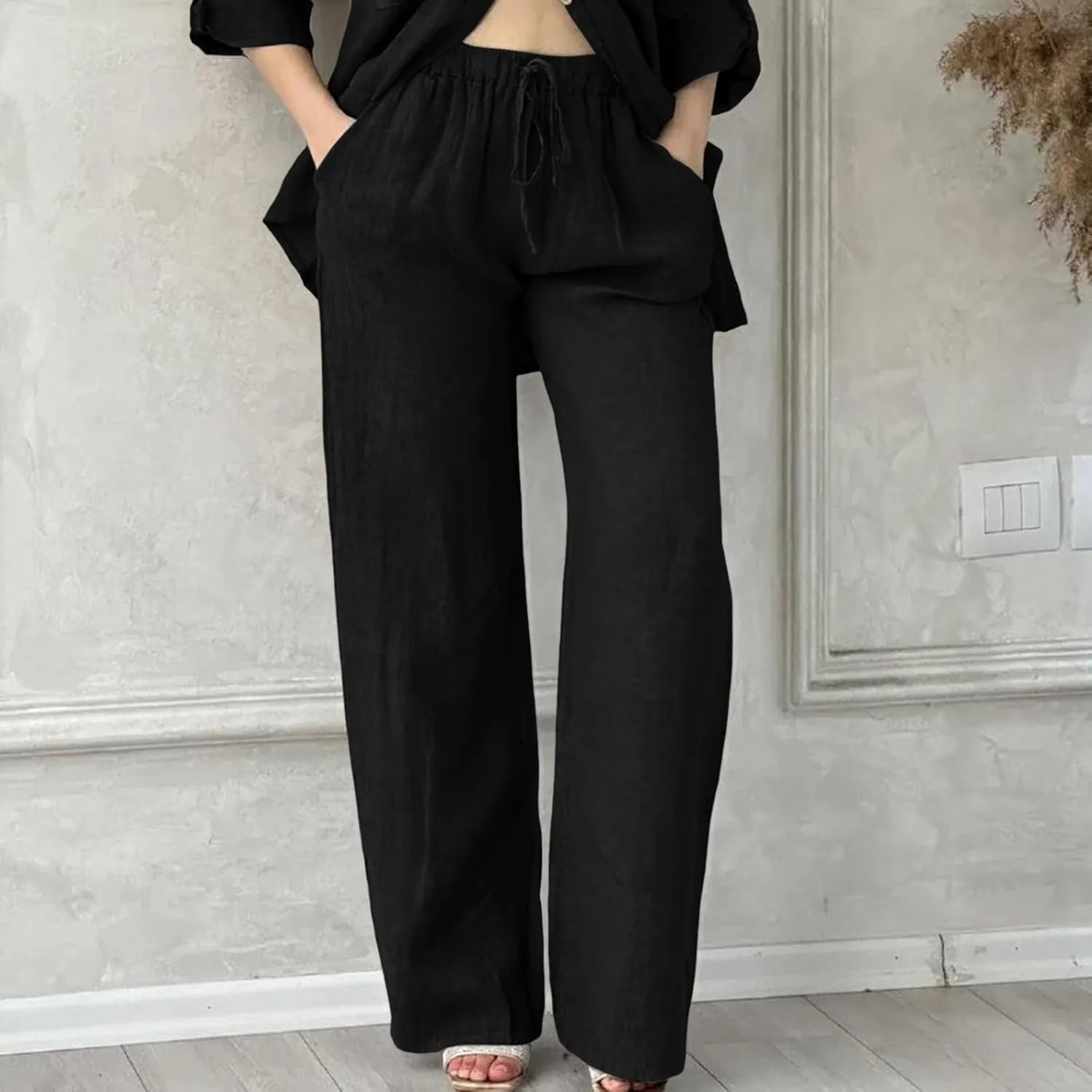 Linen Pants for Women 2025 Summmer Straight Leg Lounge Beach Pant High Waisted Elastic Drawstring with Pockets