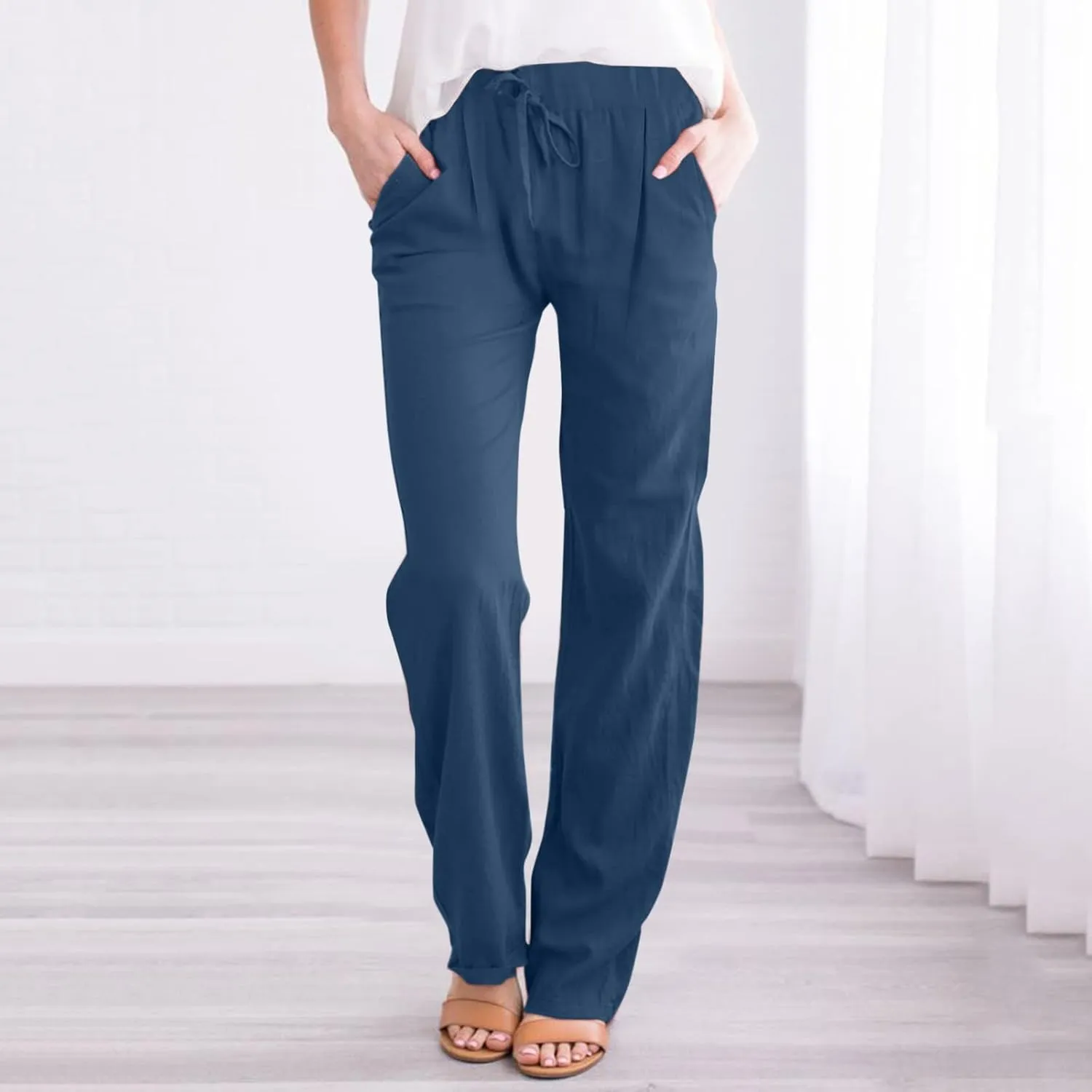 Linen Pants for Women Cotton Linen Straight Leg Lightweight Pants Summer Pants Plus Size Women Loose Fit Trousers