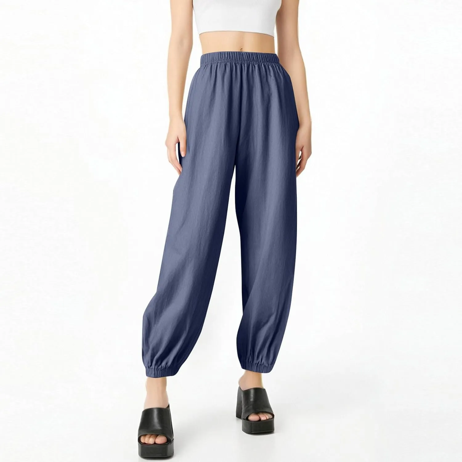 Linen Pants for Women Wide Leg Elastic Waist Pant Casual Loose Cotton Linen Palazzo Cropped Trousers with Pockets