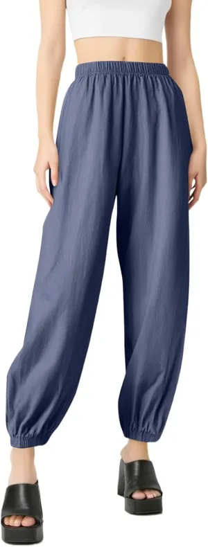 Linen Pants for Women Wide Leg Elastic Waist Pant Casual Loose Cotton Linen Palazzo Cropped Trousers with Pockets