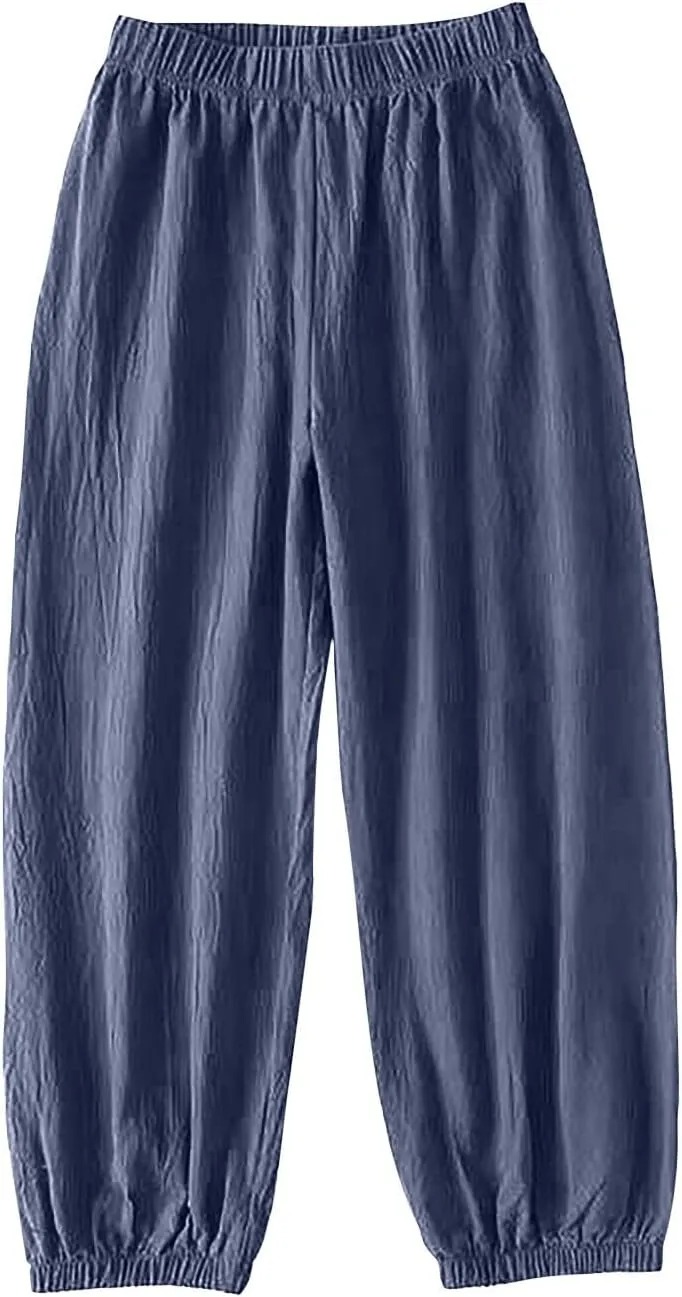 Linen Pants for Women Wide Leg Elastic Waist Pant Casual Loose Cotton Linen Palazzo Cropped Trousers with Pockets