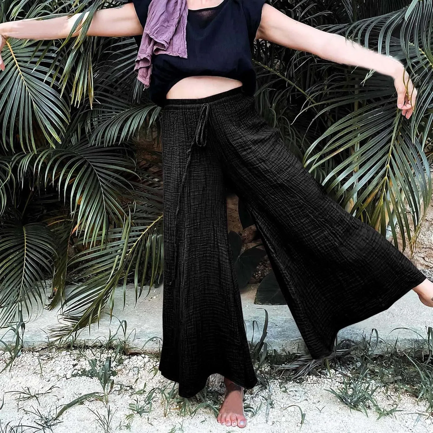 Linen Pants Women 2025 Boho Summer Wide Leg Cotton Linen Trousers Casual Flowy Elastic Waist Lightweight Palazzo