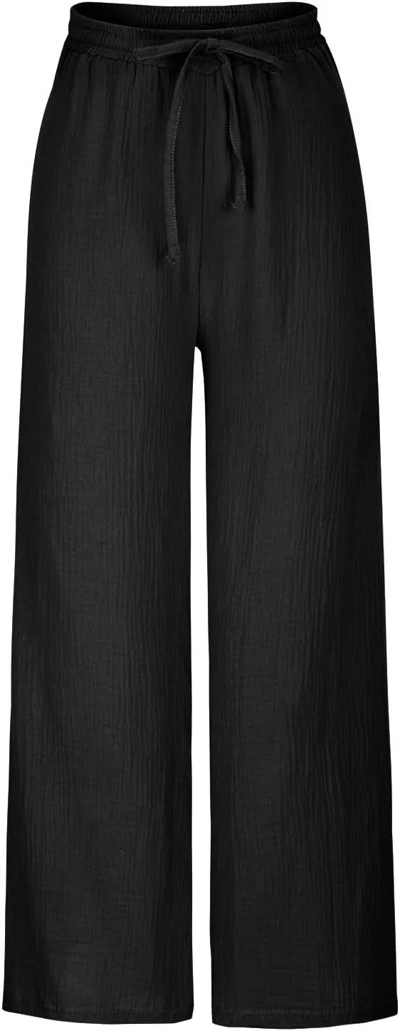 Linen Pants Women 2025 Boho Summer Wide Leg Cotton Linen Trousers Casual Flowy Elastic Waist Lightweight Palazzo