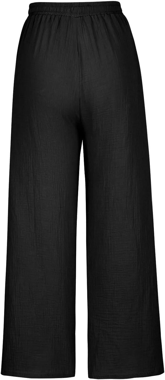 Linen Pants Women 2025 Boho Summer Wide Leg Cotton Linen Trousers Casual Flowy Elastic Waist Lightweight Palazzo