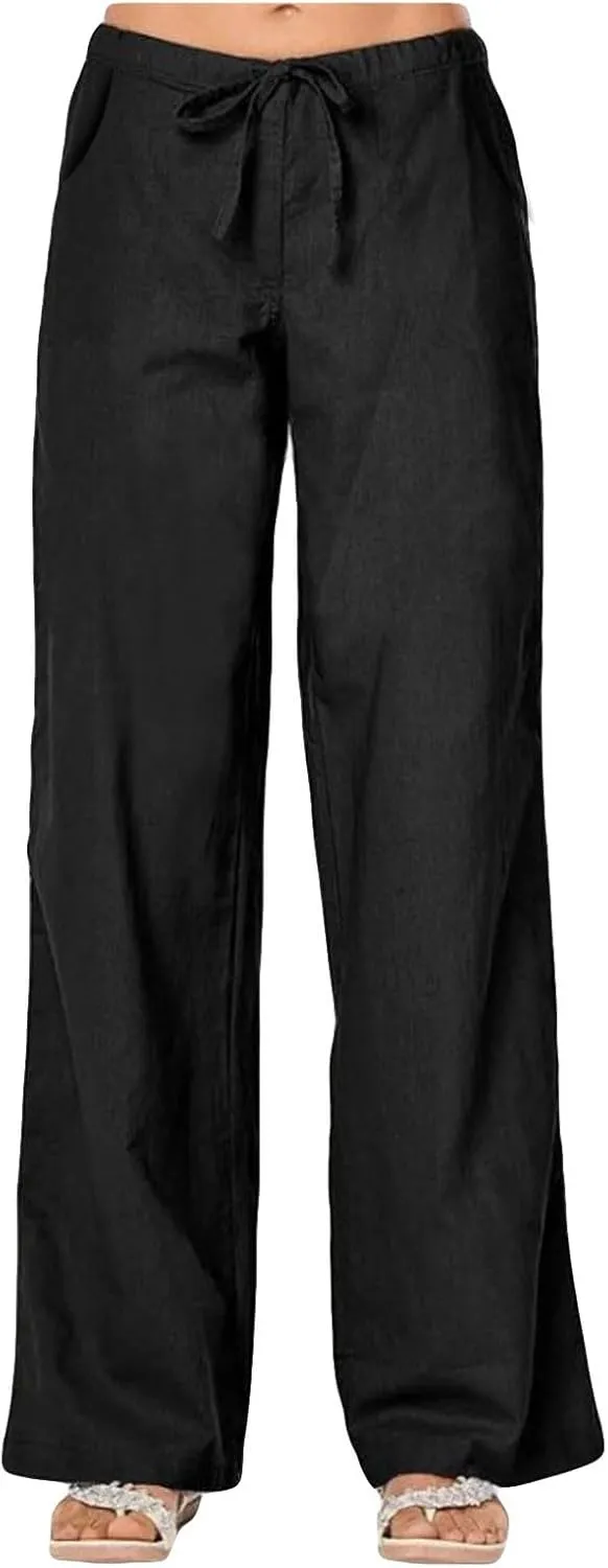 Linen Pants Women 2025 Summer Lightweight Lounge Wide Leg Trousers Drawstring Low Waisted Palazzo Pants with Pockets