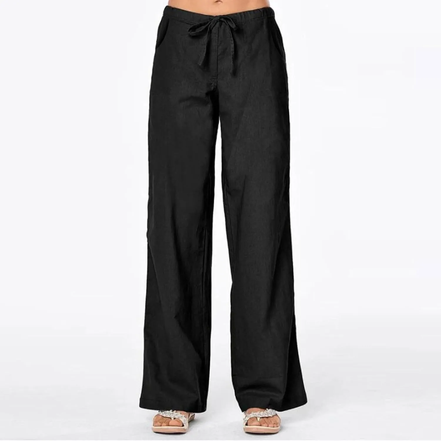 Linen Pants Women 2025 Summer Lightweight Lounge Wide Leg Trousers Drawstring Low Waisted Palazzo Pants with Pockets