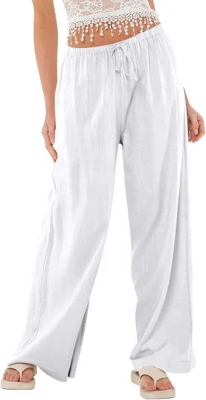 Linen Pants Women Baggy High Waisted Wide Leg Yoga Pants with Pockets Casual Summer Beach Vacation Trousers Pants