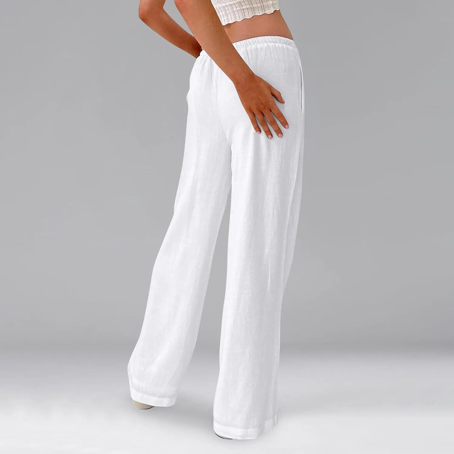 Linen Pants Women Baggy High Waisted Wide Leg Yoga Pants with Pockets Casual Summer Beach Vacation Trousers Pants