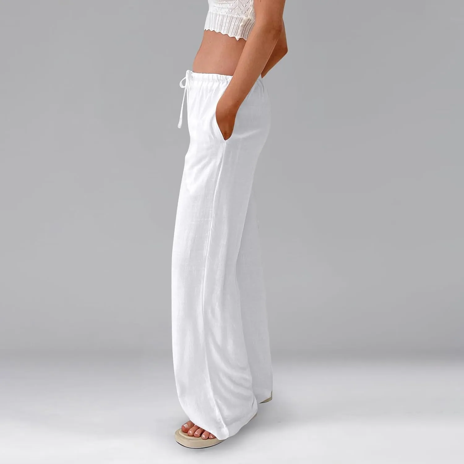 Linen Pants Women Baggy High Waisted Wide Leg Yoga Pants with Pockets Casual Summer Beach Vacation Trousers Pants