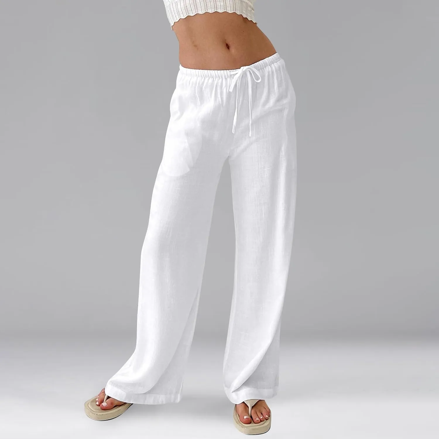 Linen Pants Women Baggy High Waisted Wide Leg Yoga Pants with Pockets Casual Summer Beach Vacation Trousers Pants