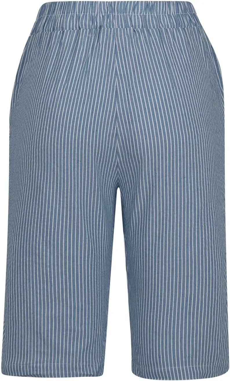 Linen Pants Women Capri Elastic Waist Cropped Trousers with Pockets Casual Summer Capri Pants Ladies Hiking Capris