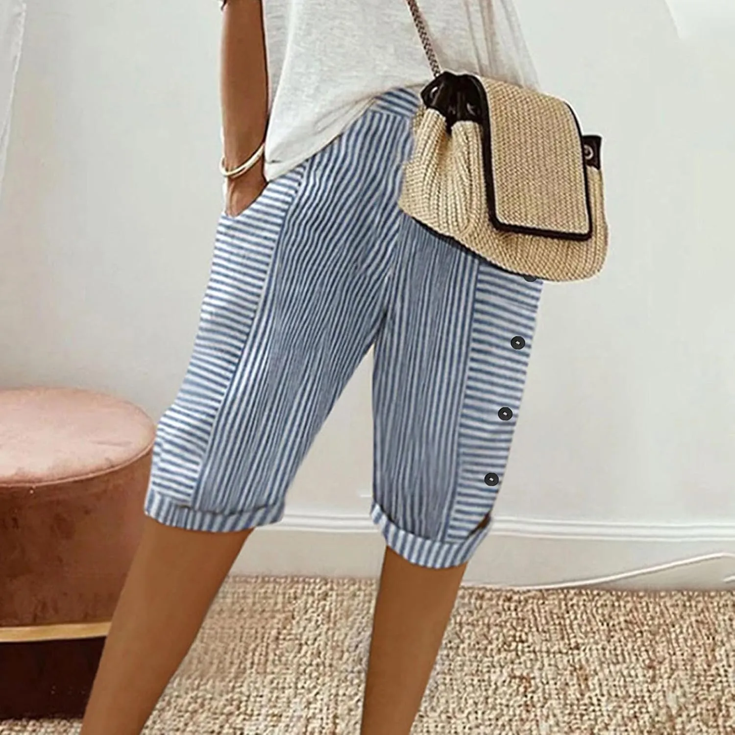 Linen Pants Women Capri Elastic Waist Cropped Trousers with Pockets Casual Summer Capri Pants Ladies Hiking Capris