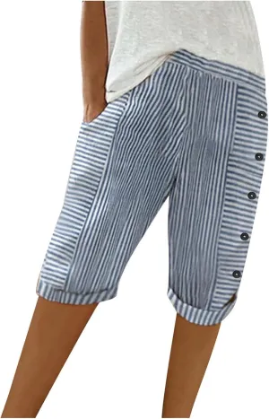 Linen Pants Women Capri Elastic Waist Cropped Trousers with Pockets Casual Summer Capri Pants Ladies Hiking Capris