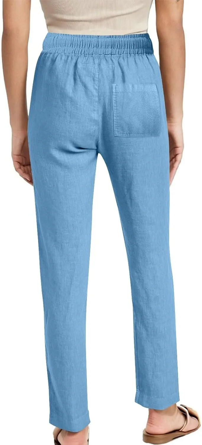 Linen Pants Women High Waist Linen Trousers Drawstring Waist Casual Pants Summer Vacation Beach Long Pant with Pockets