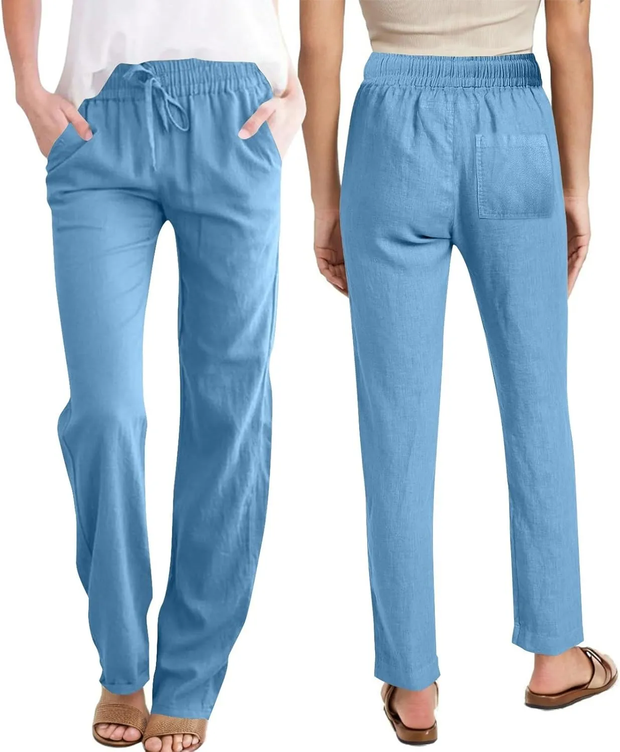 Linen Pants Women High Waist Linen Trousers Drawstring Waist Casual Pants Summer Vacation Beach Long Pant with Pockets