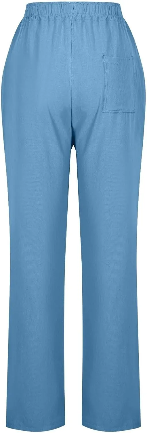 Linen Pants Women High Waist Linen Trousers Drawstring Waist Casual Pants Summer Vacation Beach Long Pant with Pockets