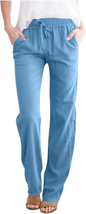 Linen Pants Women High Waist Linen Trousers Drawstring Waist Casual Pants Summer Vacation Beach Long Pant with Pockets