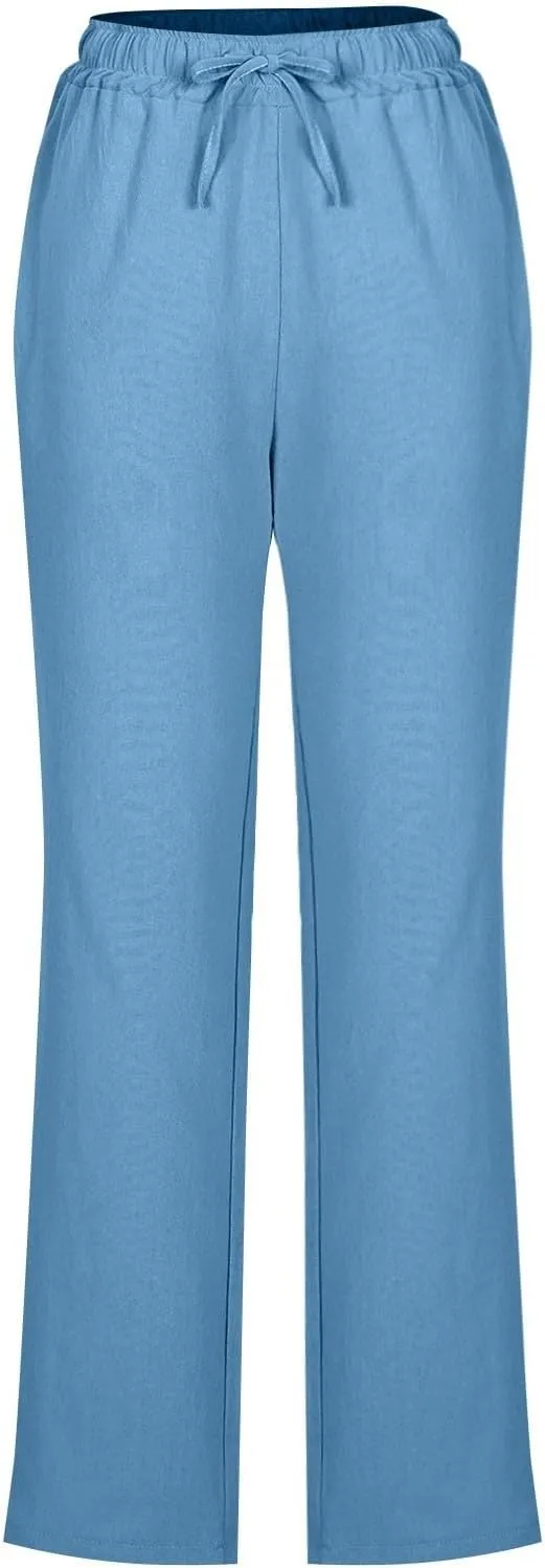 Linen Pants Women High Waist Linen Trousers Drawstring Waist Casual Pants Summer Vacation Beach Long Pant with Pockets