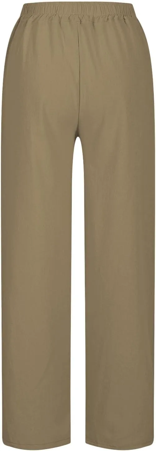 Linen Pants Women Petite 2025 Trendy Slit Wide Leg Beach Pants Casual Loose Fit Lightweight Trousers with Pockets