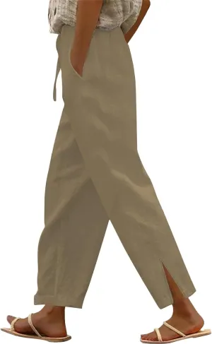Linen Pants Women Petite 2025 Trendy Slit Wide Leg Beach Pants Casual Loose Fit Lightweight Trousers with Pockets