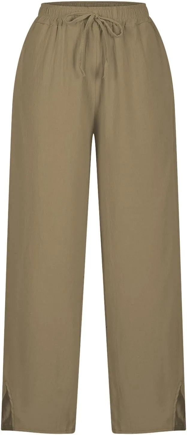 Linen Pants Women Petite 2025 Trendy Slit Wide Leg Beach Pants Casual Loose Fit Lightweight Trousers with Pockets