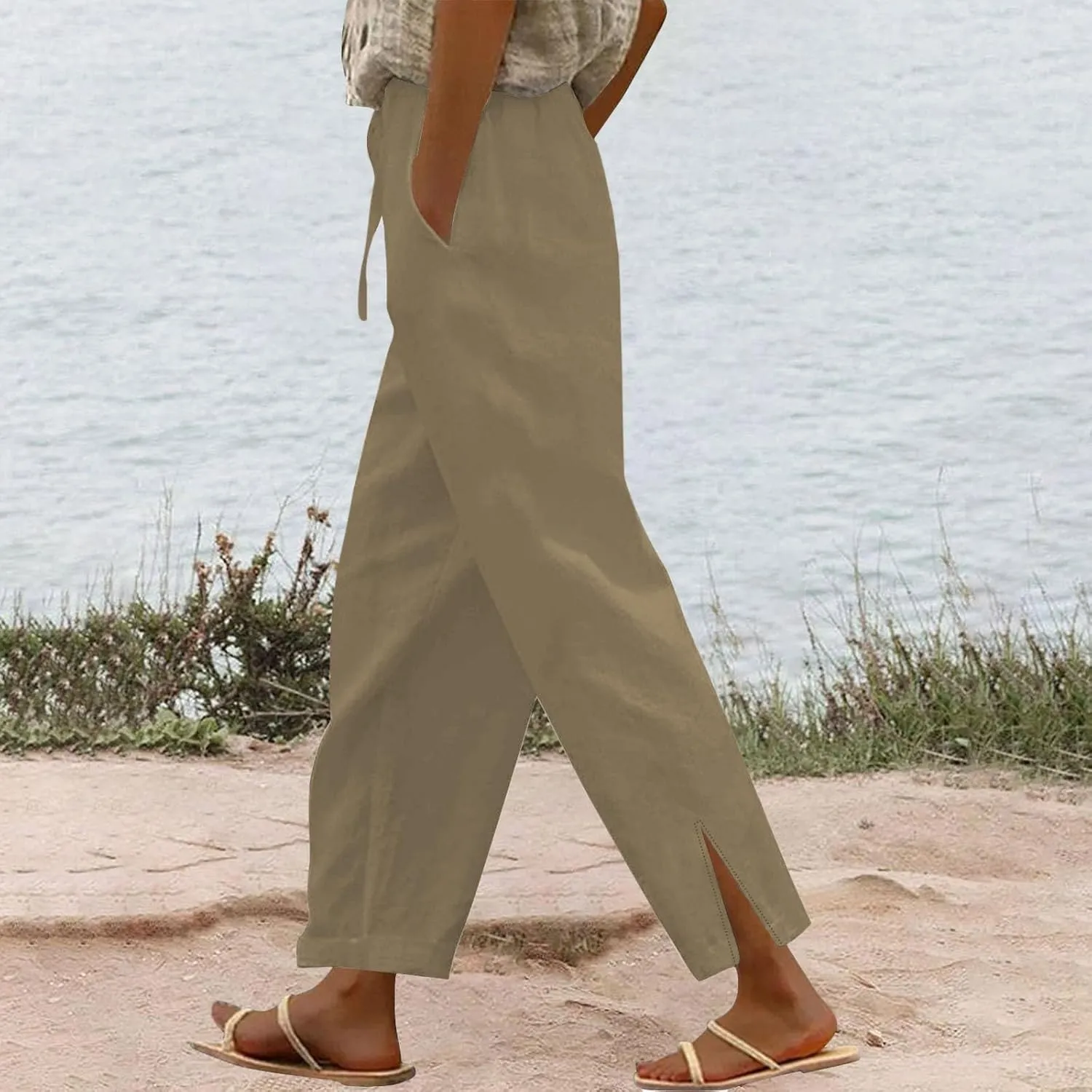Linen Pants Women Petite 2025 Trendy Slit Wide Leg Beach Pants Casual Loose Fit Lightweight Trousers with Pockets
