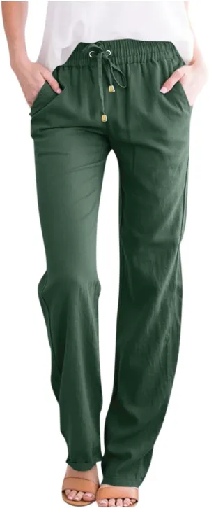 Linen Pants Women Summer Casual Straight Leg Beach Pants Baggy Drawstring High Waisted Gauze Pants with Pockets