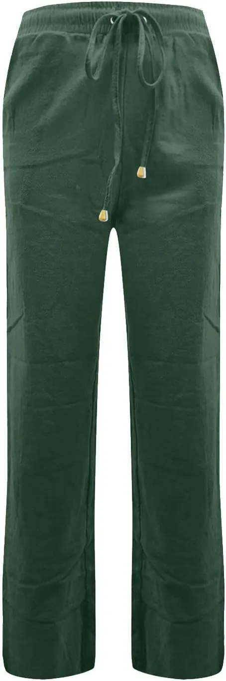 Linen Pants Women Summer Casual Straight Leg Beach Pants Baggy Drawstring High Waisted Gauze Pants with Pockets