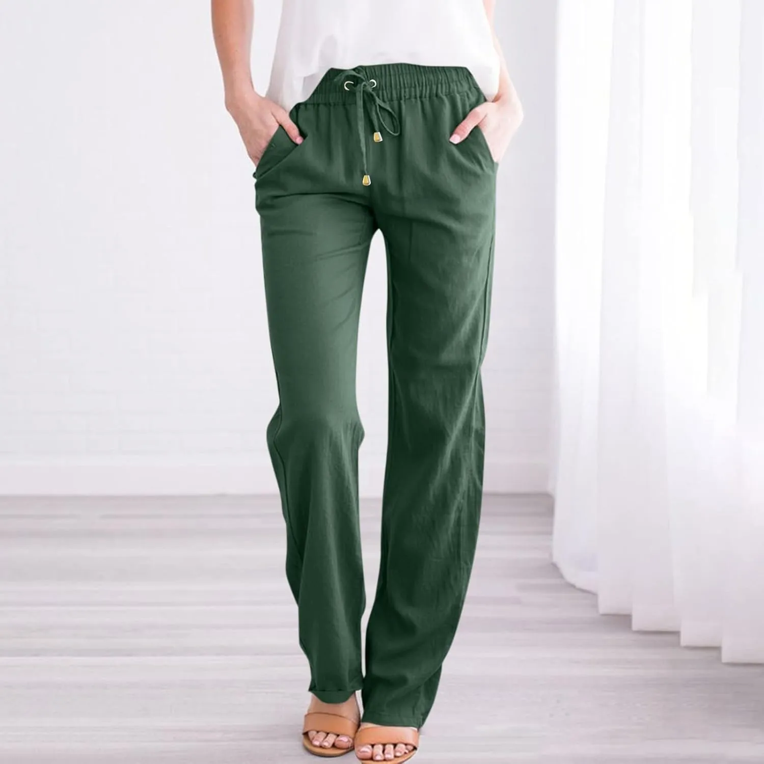 Linen Pants Women Summer Casual Straight Leg Beach Pants Baggy Drawstring High Waisted Gauze Pants with Pockets