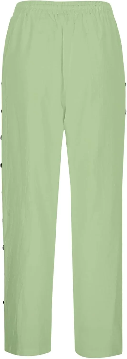 Linen Pants Women Summer Side Button Pants Hight Waist Drawstring Casual Loose Solid Pants with Pockets