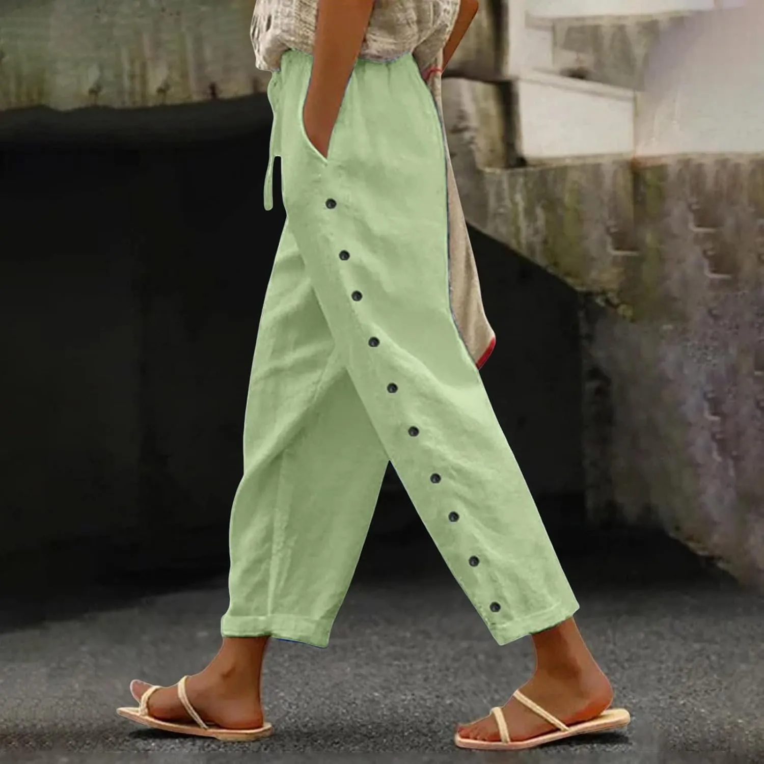 Linen Pants Women Summer Side Button Pants Hight Waist Drawstring Casual Loose Solid Pants with Pockets