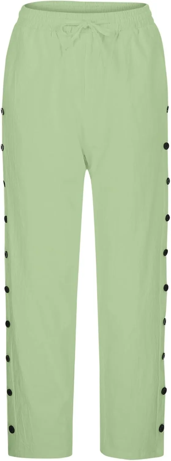 Linen Pants Women Summer Side Button Pants Hight Waist Drawstring Casual Loose Solid Pants with Pockets